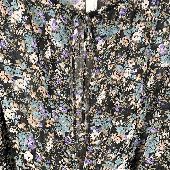 Free People Floral Blouse Bodysuit Deep Vneck Tie Neck Sz XS Intimately FP - Picture 9 of 15